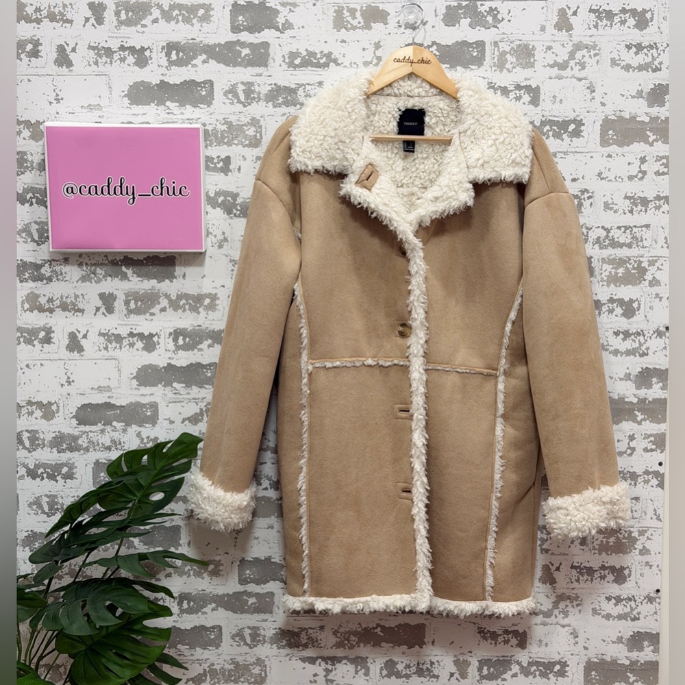 SOLD - Forever 21 Faux Suede & Shearling Coat Tan Size L | Long Sherpa-Lined - Picture 2 of 7